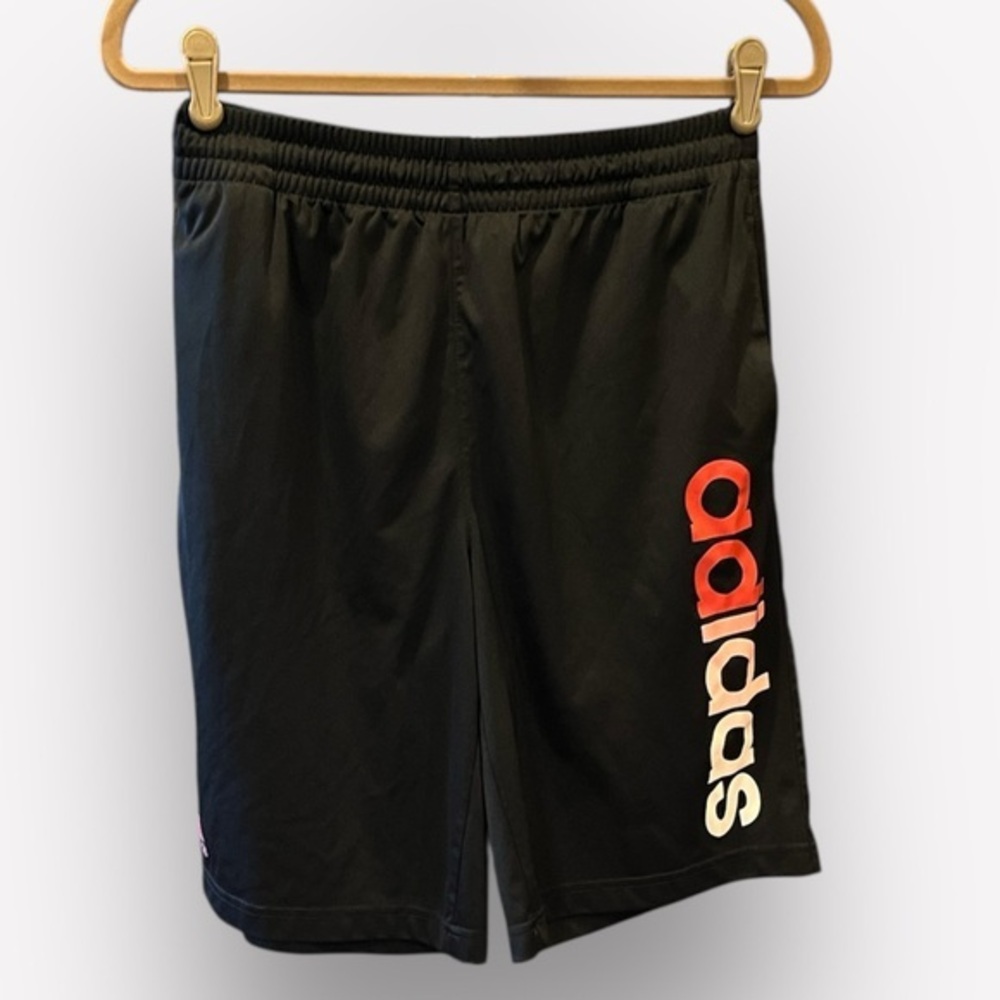 🍻🥑Adidas logo athletic shorts elastic waist Youth XL 18 black orange peach BUDGE